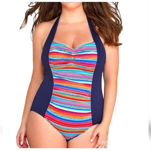 Anne Cole. Women's One Piece Swimsuit. Blue & Multi-colored Stripes. Size 20 NWT